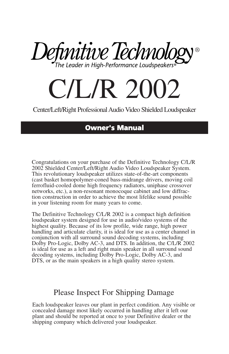 Definitive Technology C/L/R 2002 User Manual | 4 pages