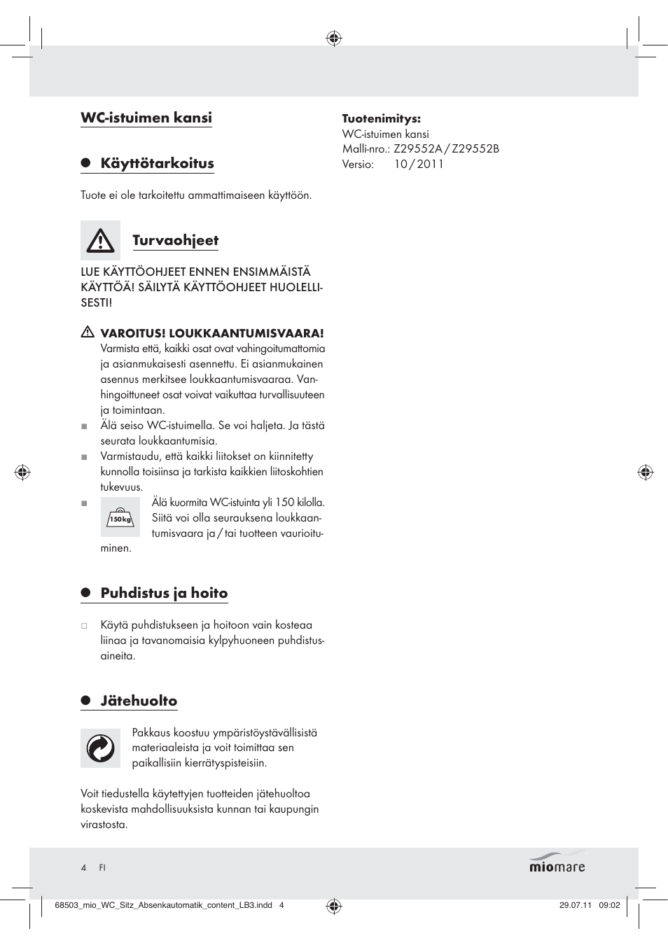 Wc-istuimen kansi, Käyttötarkoitus, Turvaohjeet | Puhdistus ja hoito, Jätehuolto | Miomare Z29552A Z29552B User Manual | Page 4 / 10