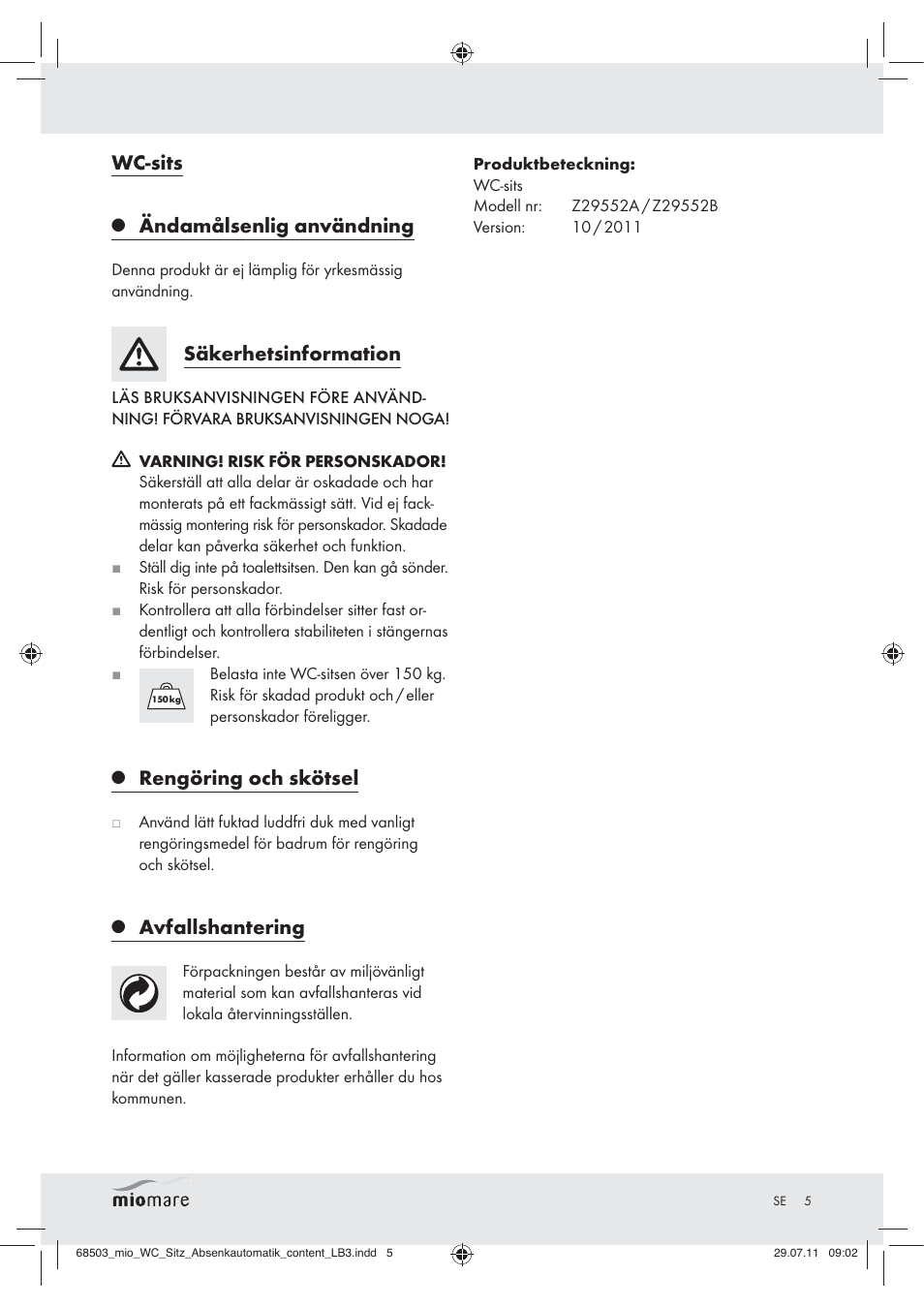 Wc-sits, Ändamålsenlig användning, Säkerhetsinformation | Rengöring och skötsel, Avfallshantering | Miomare Z29552A Z29552B User Manual | Page 5 / 10