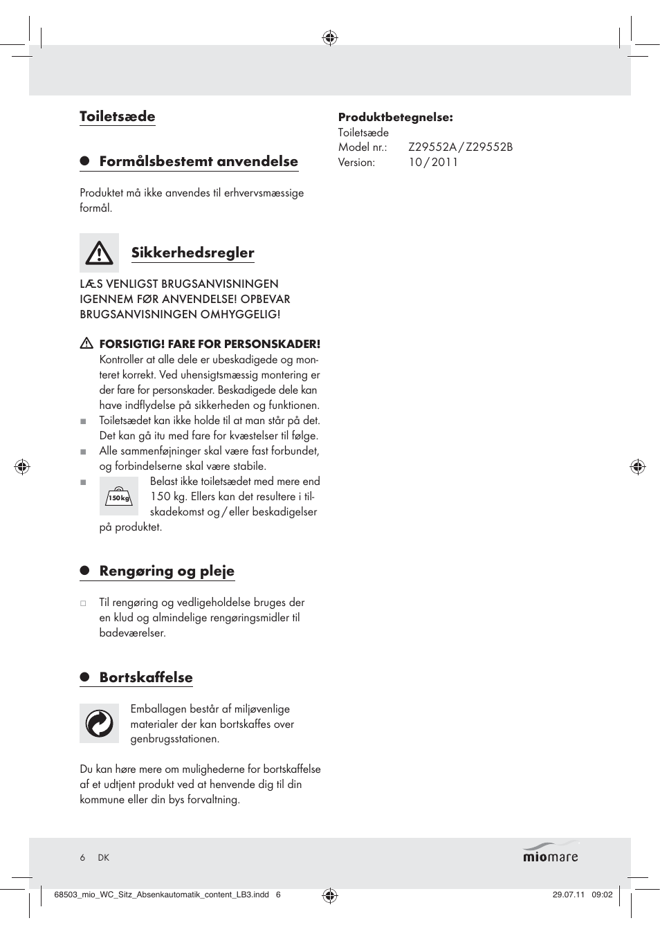 Toiletsæde, Formålsbestemt anvendelse, Sikkerhedsregler | Rengøring og pleje, Bortskaﬀelse | Miomare Z29552A Z29552B User Manual | Page 6 / 10