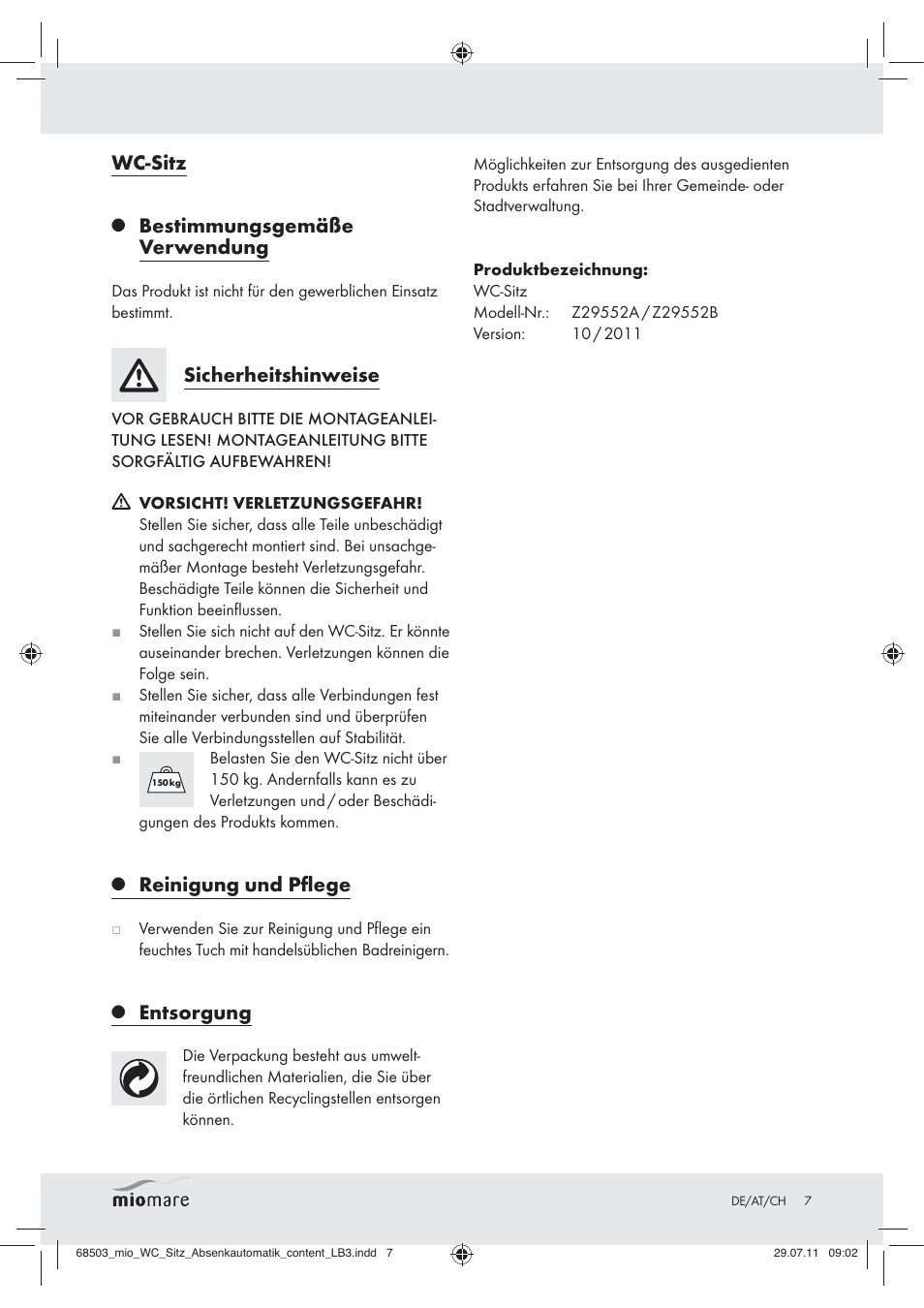Wc-sitz, Bestimmungsgemäße verwendung, Sicherheitshinweise | Reinigung und pﬂege, Entsorgung | Miomare Z29552A Z29552B User Manual | Page 7 / 10