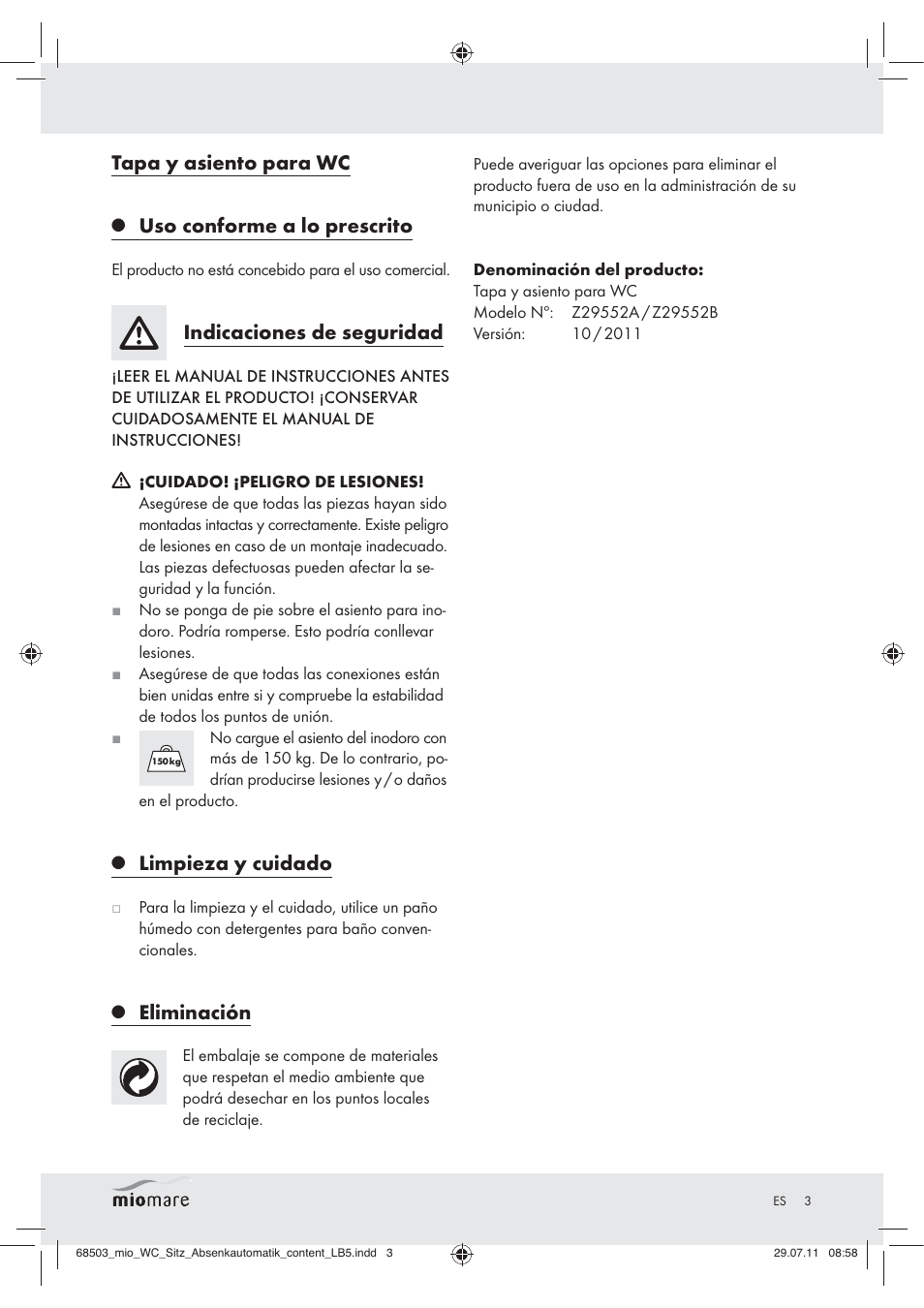 Tapa y asiento para wc, Uso conforme a lo prescrito, Indicaciones de seguridad | Limpieza y cuidado, Eliminación | Miomare Z29552A Z29552B User Manual | Page 3 / 10