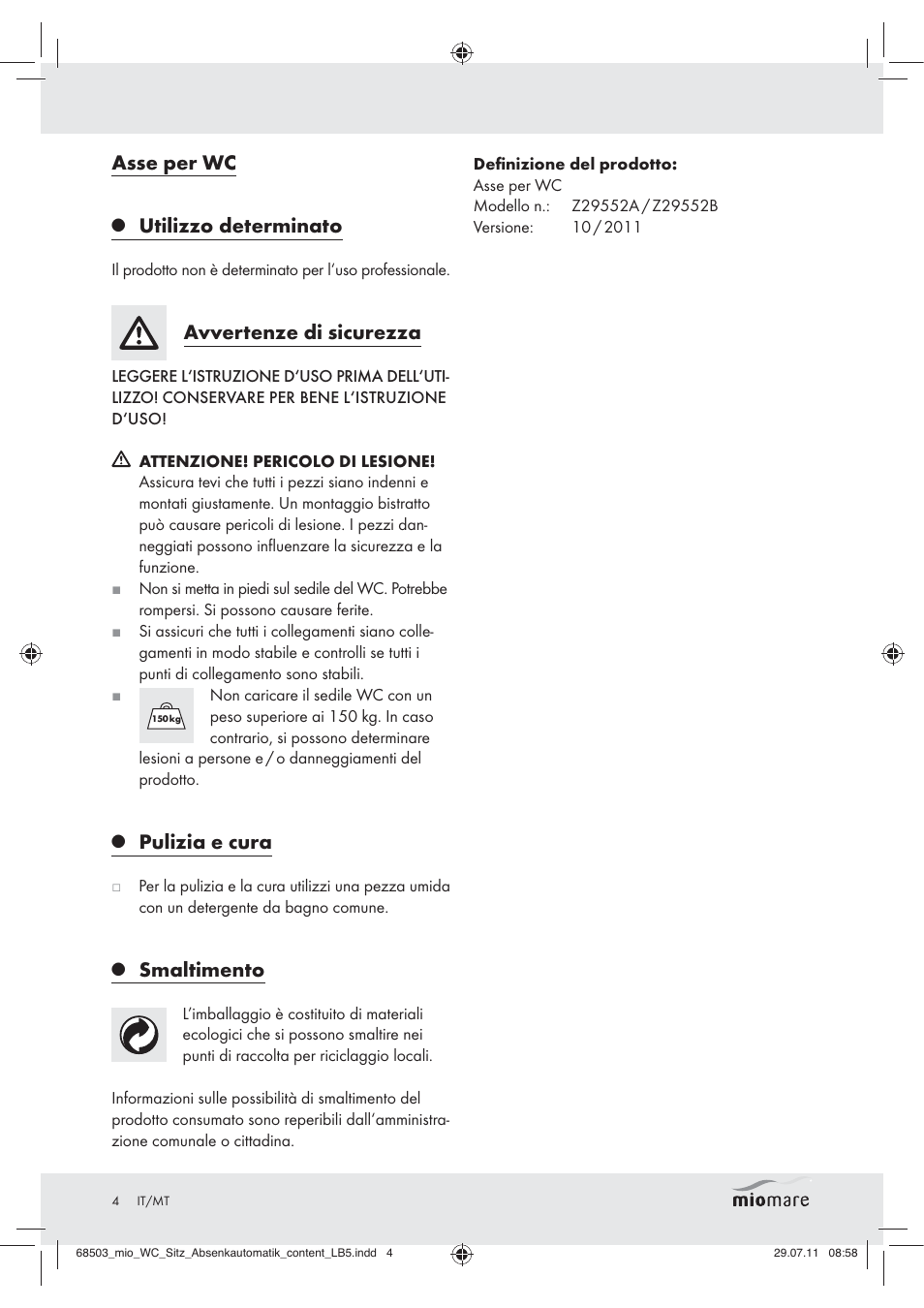 Asse per wc, Utilizzo determinato, Avvertenze di sicurezza | Pulizia e cura, Smaltimento | Miomare Z29552A Z29552B User Manual | Page 4 / 10