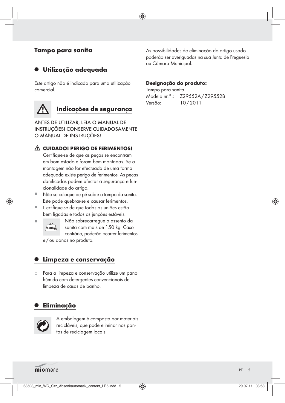 Tampo para sanita, Utilização adequada, Indicações de segurança | Limpeza e conservação, Eliminação | Miomare Z29552A Z29552B User Manual | Page 5 / 10