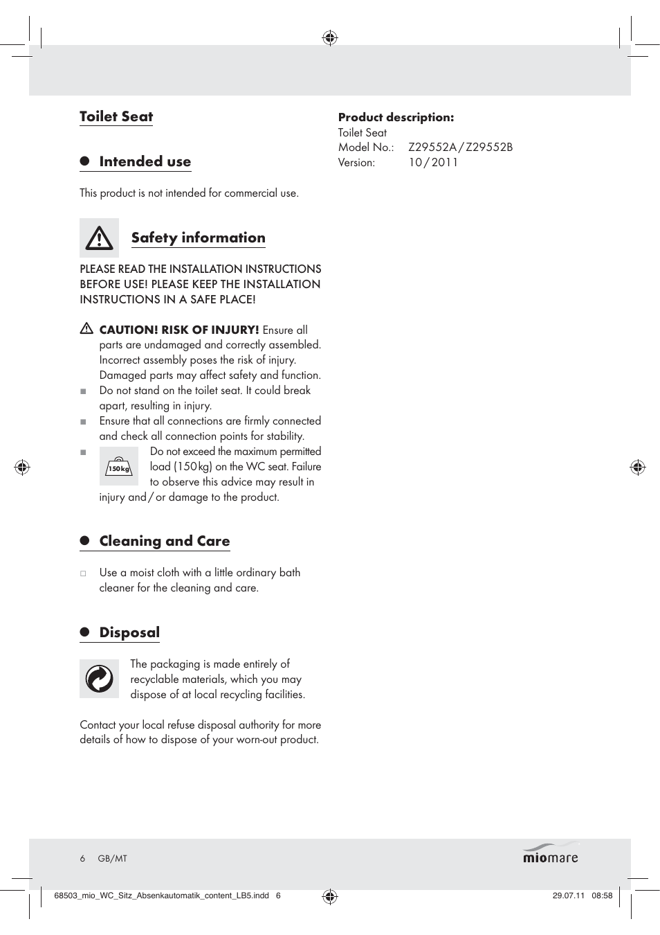 Toilet seat, Intended use, Safety information | Cleaning and care, Disposal | Miomare Z29552A Z29552B User Manual | Page 6 / 10