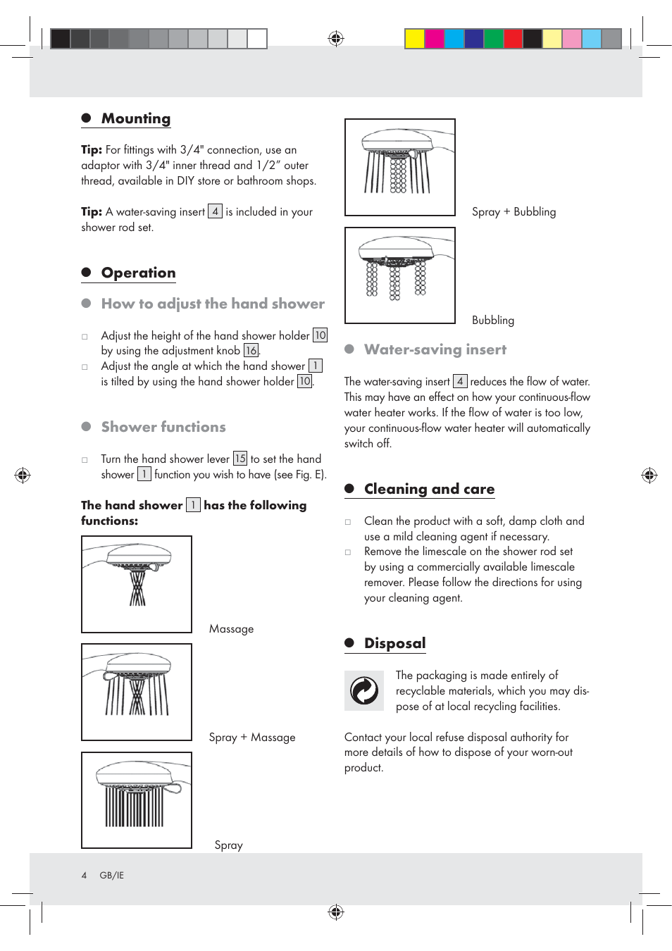 Mounting, Operation, How to adjust the hand shower | Shower functions, Water-saving insert, Cleaning and care, Disposal | Miomare Z29601GB User Manual | Page 4 / 8