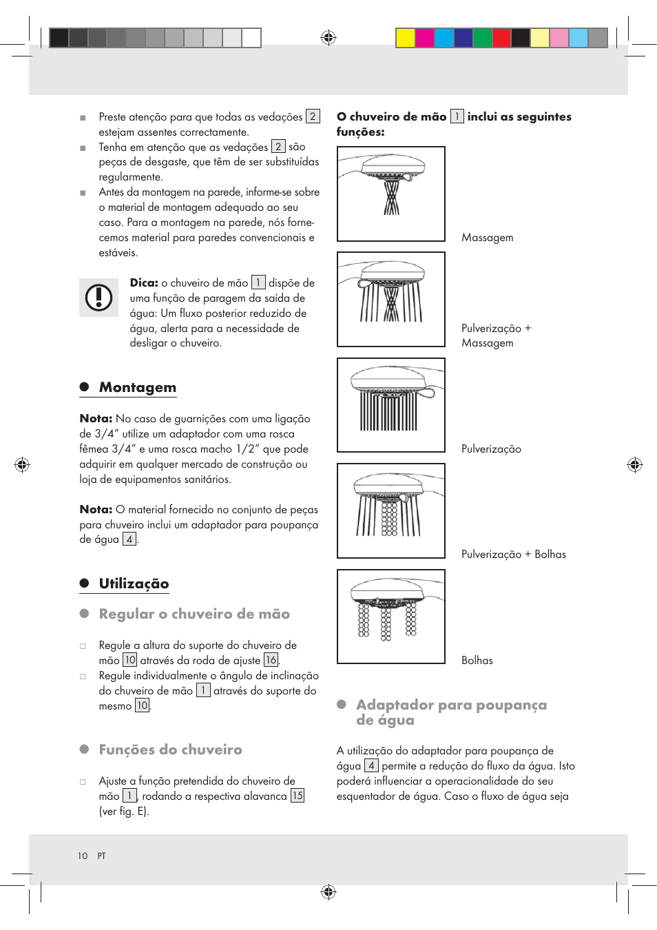 Montagem, Utilização, Regular o chuveiro de mão | Funções do chuveiro, Adaptador para poupança de água | Miomare Z29601GB User Manual | Page 10 / 20