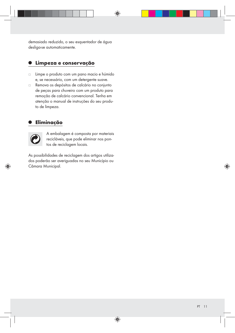 Limpeza e conservação, Eliminação | Miomare Z29601GB User Manual | Page 11 / 20