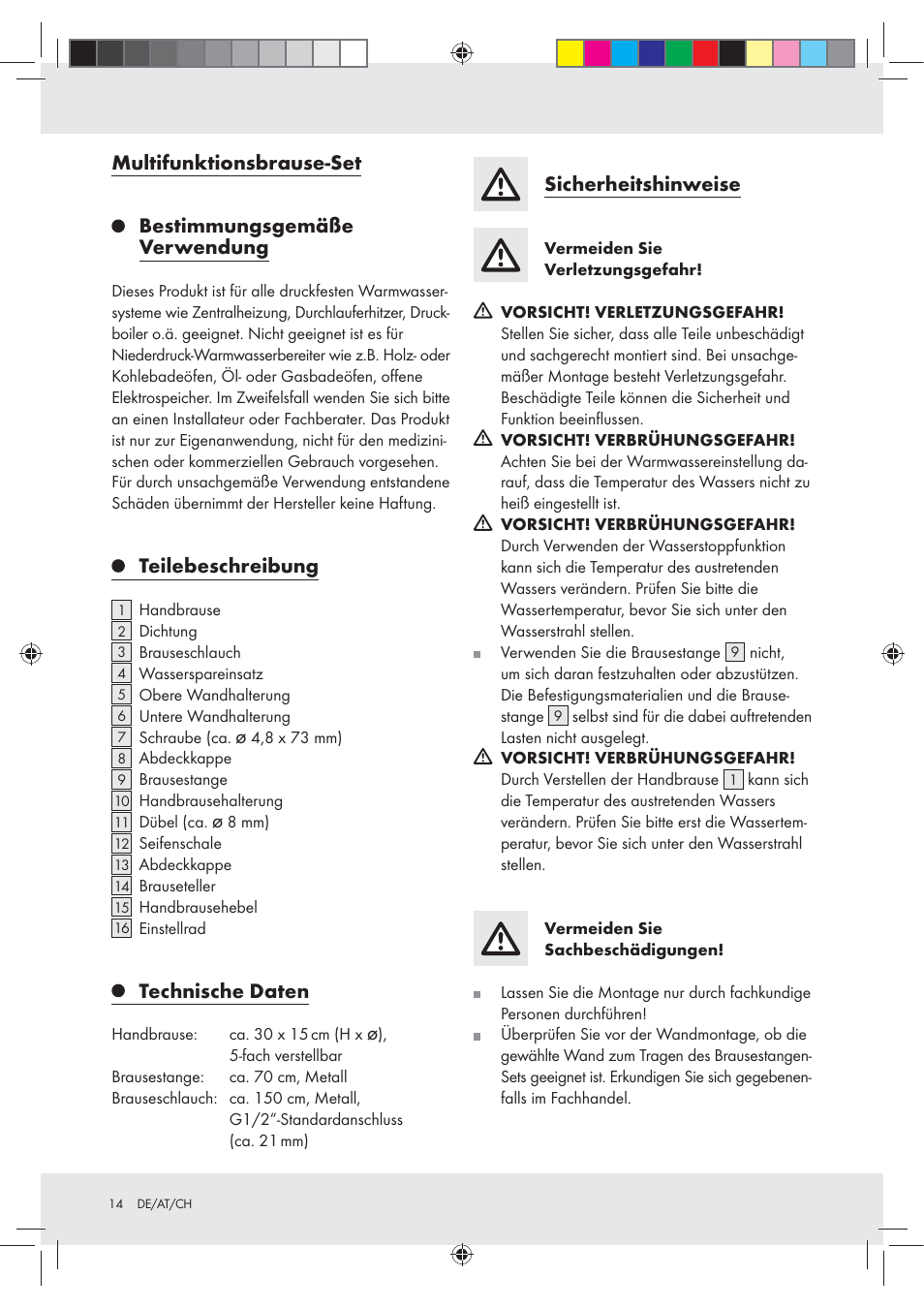 Teilebeschreibung, Technische daten, Sicherheitshinweise | Miomare Z29601GB User Manual | Page 14 / 20