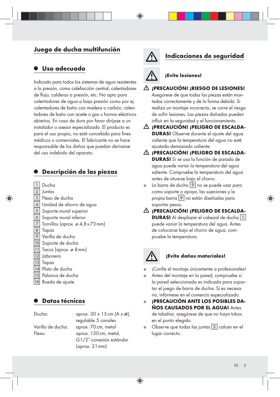 Juego de ducha multifunción, Uso adecuado, Descripción de las piezas | Datos técnicos, Indicaciones de seguridad | Miomare Z29601GB User Manual | Page 3 / 20