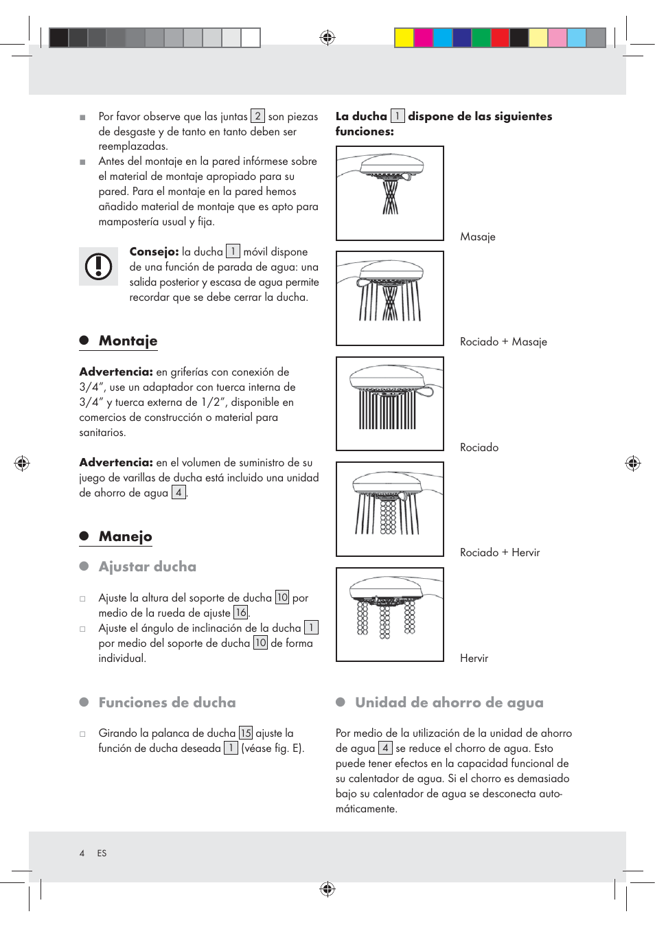 Montaje, Manejo, Ajustar ducha | Funciones de ducha, Unidad de ahorro de agua | Miomare Z29601GB User Manual | Page 4 / 20
