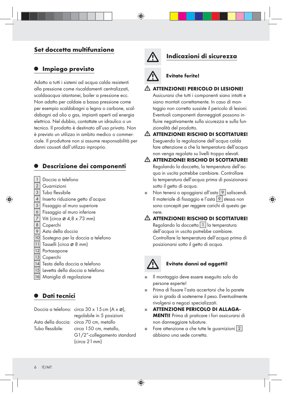 Set doccetta multifunzione, Impiego previsto, Descrizione dei componenti | Dati tecnici, Indicazioni di sicurezza | Miomare Z29601GB User Manual | Page 6 / 20