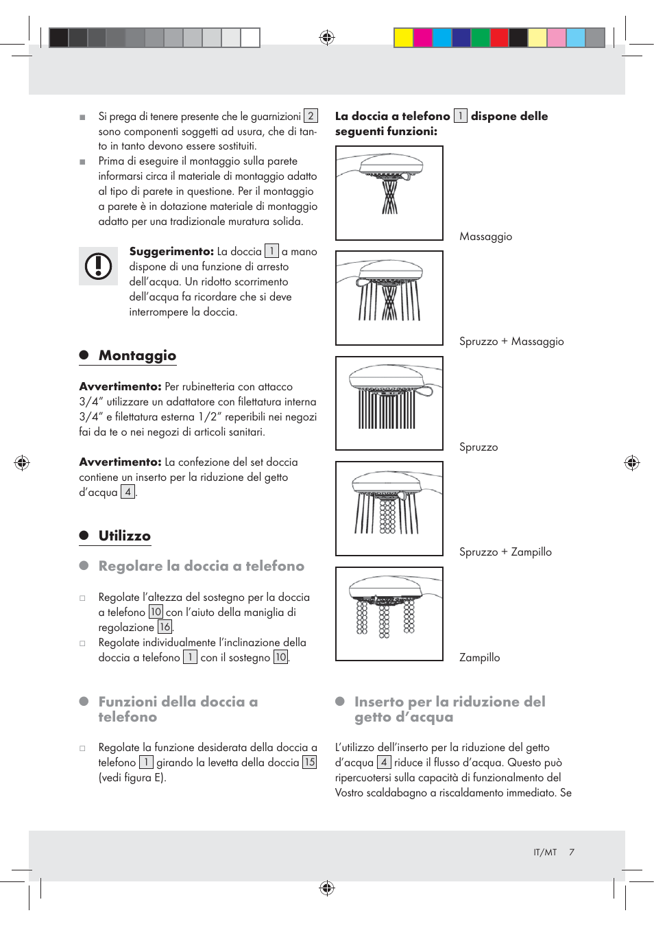Montaggio, Utilizzo, Regolare la doccia a telefono | Funzioni della doccia a telefono, Inserto per la riduzione del getto d’acqua | Miomare Z29601GB User Manual | Page 7 / 20