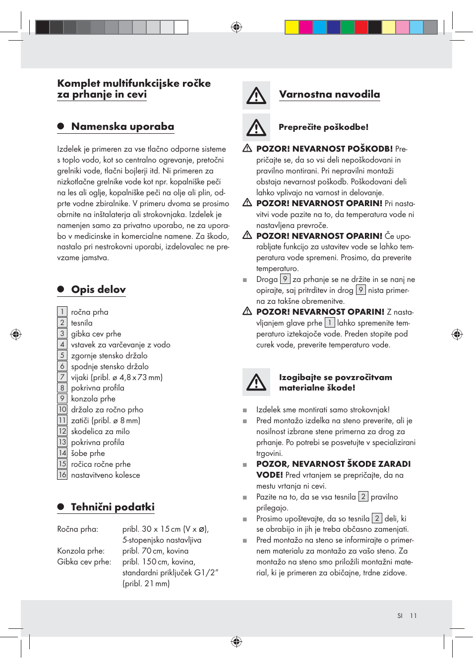 Komplet multifunkcijske ročke za prhanje in cevi, Namenska uporaba, Opis delov | Tehnični podatki, Varnostna navodila | Miomare Z29601GB User Manual | Page 11 / 26