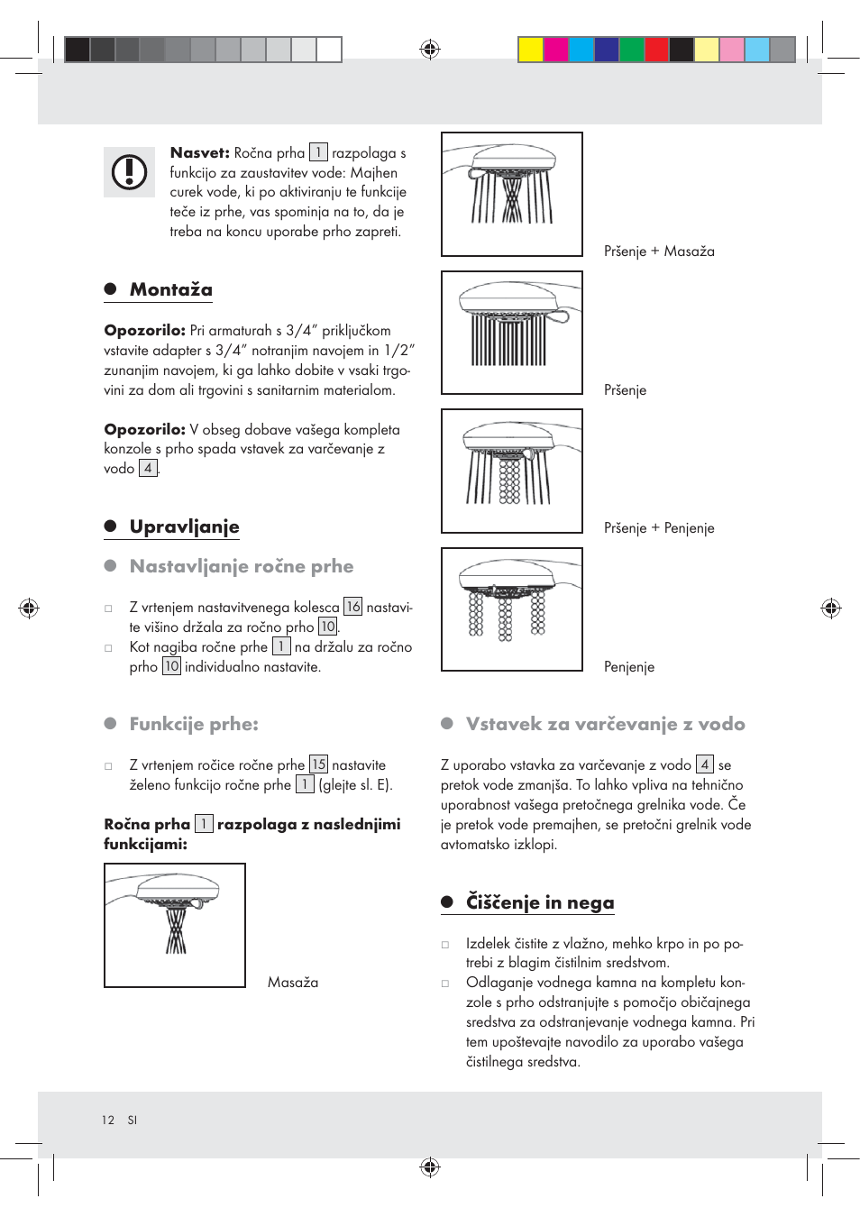 Montaža, Upravljanje, Nastavljanje ročne prhe | Funkcije prhe, Vstavek za varčevanje z vodo, Čiščenje in nega | Miomare Z29601GB User Manual | Page 12 / 26