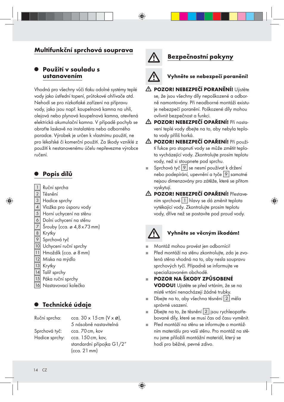 Multifunkční sprchová souprava, Použití v souladu s ustanovením, Popis dílů | Technické údaje, Bezpečnostní pokyny | Miomare Z29601GB User Manual | Page 14 / 26