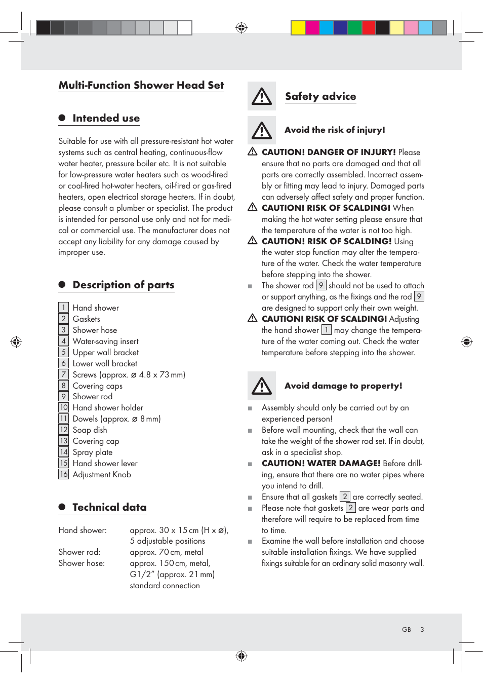 Multi-function shower head set, Intended use, Description of parts | Technical data, Safety advice | Miomare Z29601GB User Manual | Page 3 / 26