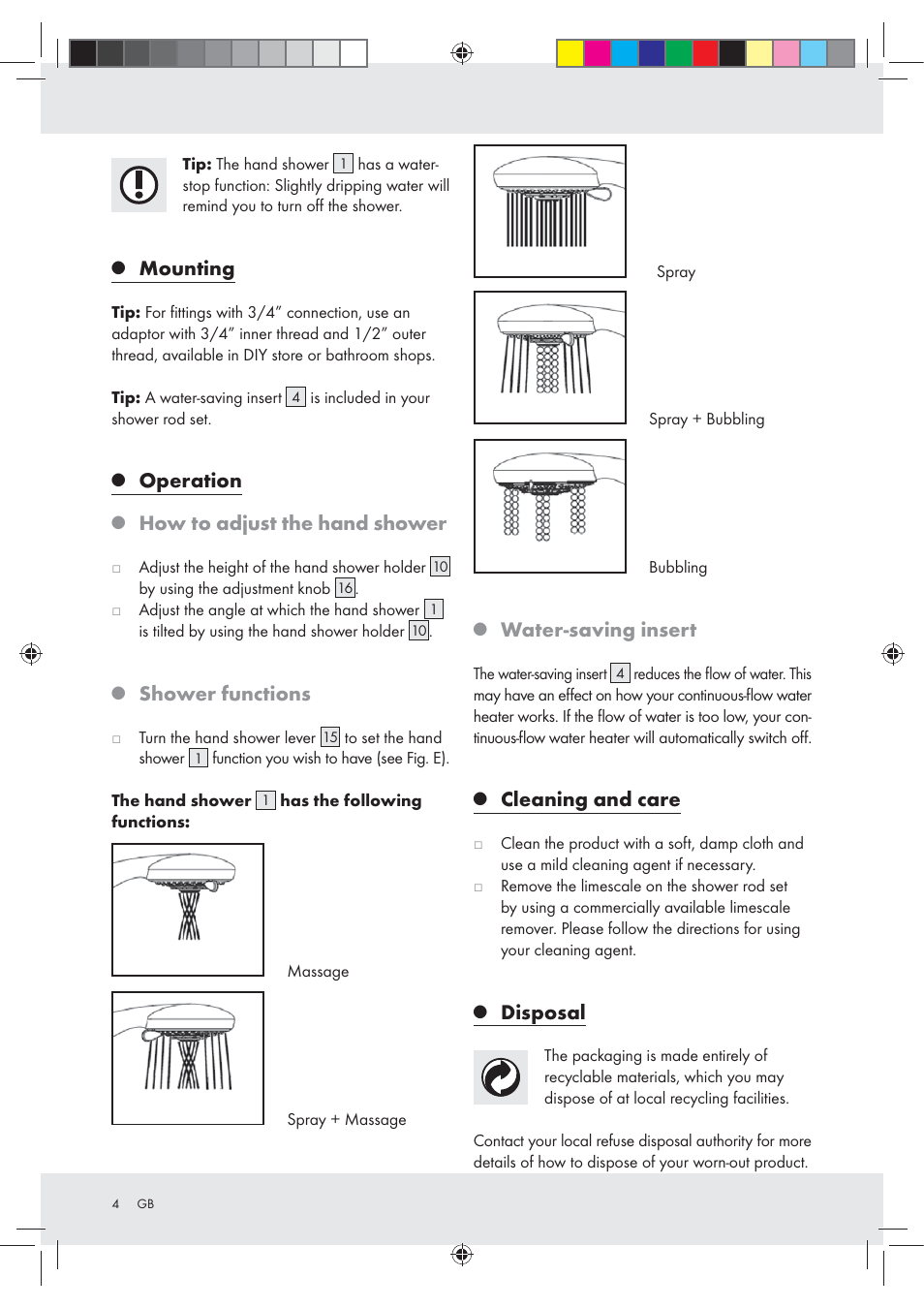 Mounting, Operation, How to adjust the hand shower | Shower functions, Water-saving insert, Cleaning and care, Disposal | Miomare Z29601GB User Manual | Page 4 / 26