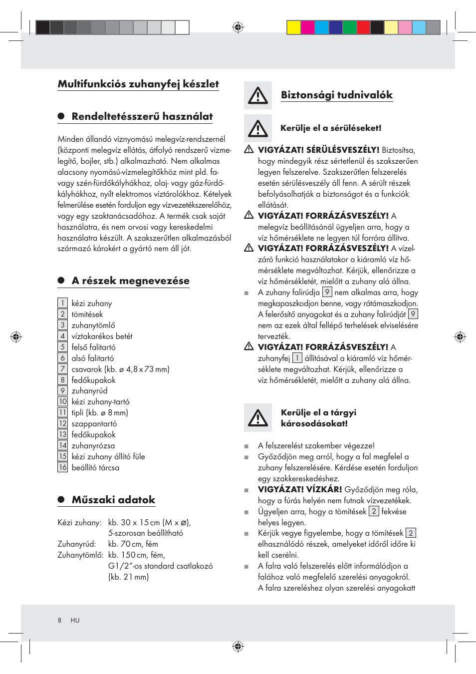 Multifunkciós zuhanyfej készlet, Rendeltetésszerű használat, A részek megnevezése | Műszaki adatok, Biztonsági tudnivalók | Miomare Z29601GB User Manual | Page 8 / 26