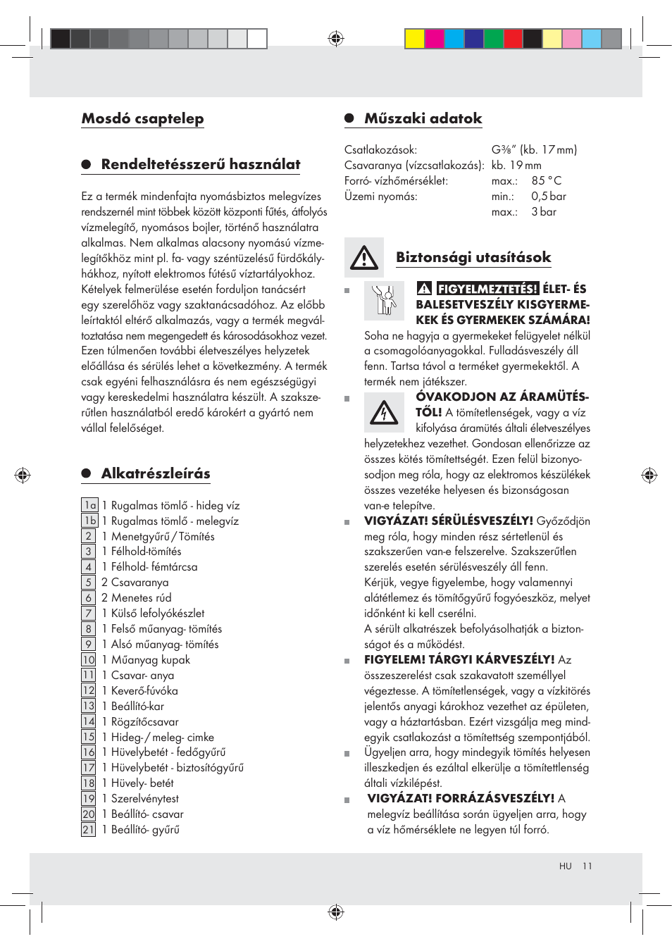 Mosdó csaptelep rendeltetésszerű használat, Alkatrészleírás, Műszaki adatok | Biztonsági utasítások | Miomare Z31166A User Manual | Page 11 / 34