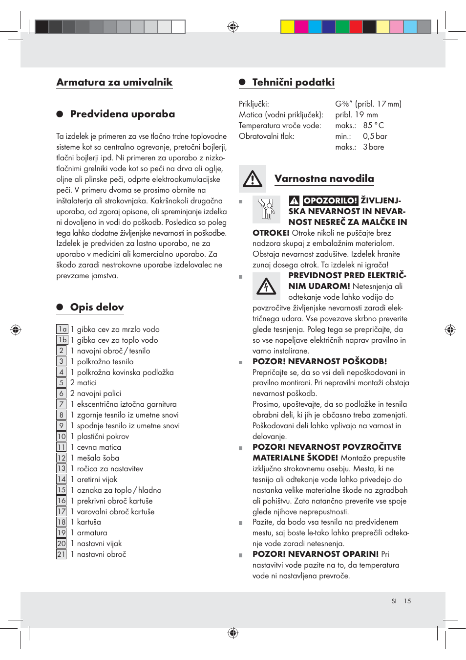 Armatura za umivalnik predvidena uporaba, Opis delov, Tehnični podatki | Varnostna navodila | Miomare Z31166A User Manual | Page 15 / 34