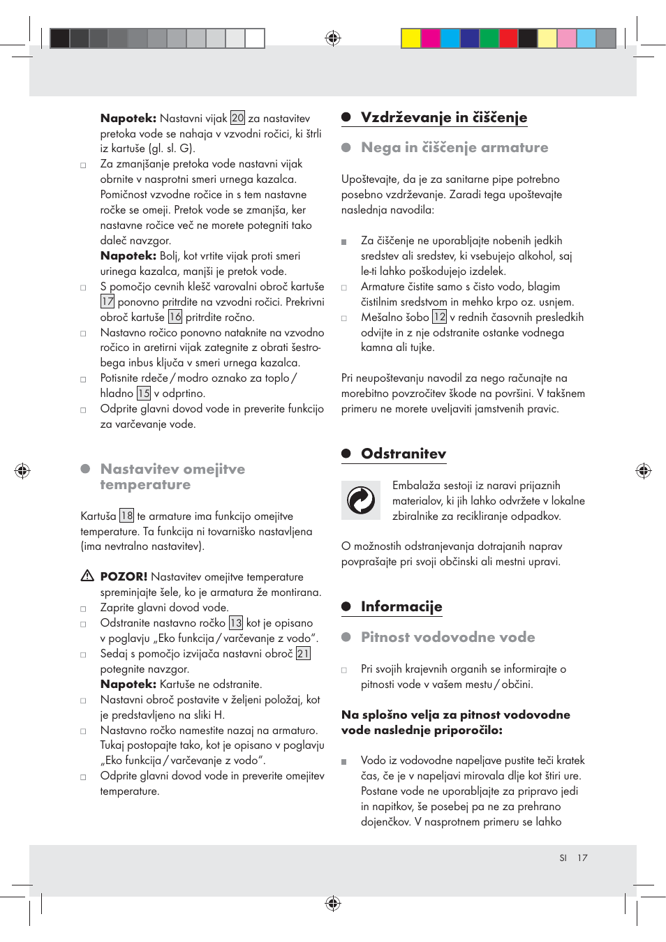 Nastavitev omejitve temperature, Vzdrževanje in čiščenje nega in čiščenje armature, Odstranitev | Informacije pitnost vodovodne vode | Miomare Z31166A User Manual | Page 17 / 34