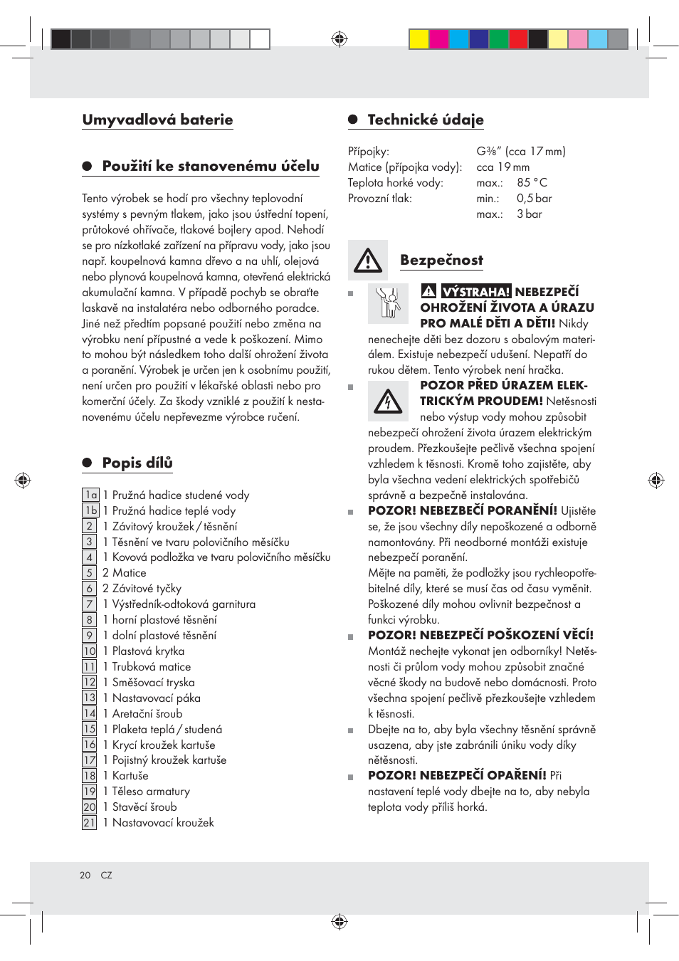 Umyvadlová baterie použití ke stanovenému účelu, Popis dílů, Technické údaje | Bezpečnost | Miomare Z31166A User Manual | Page 20 / 34