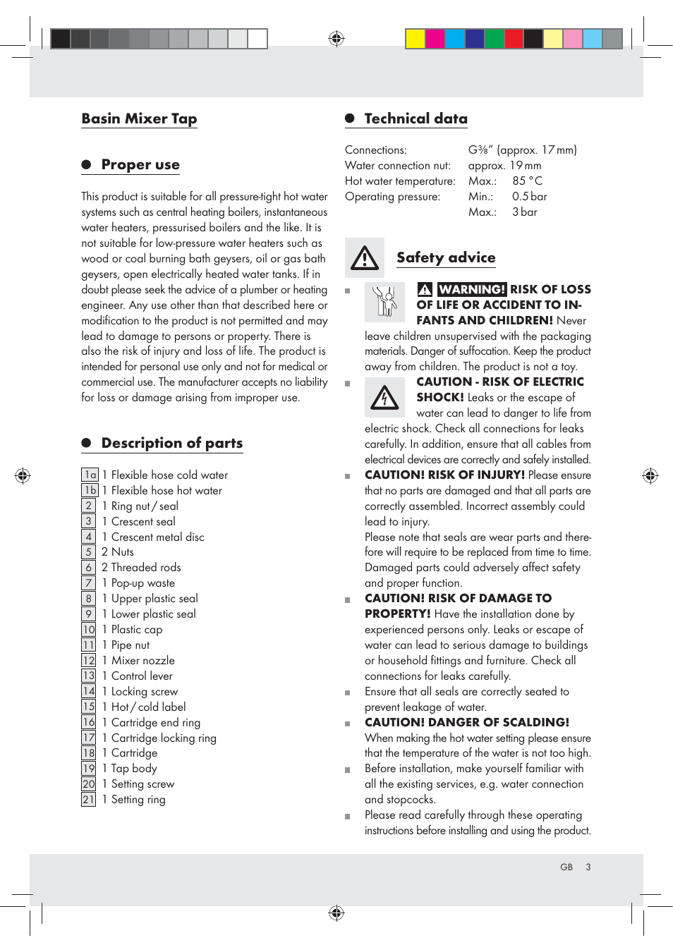 Basin mixer tap proper use, Description of parts, Technical data | Safety advice | Miomare Z31166A User Manual | Page 3 / 34