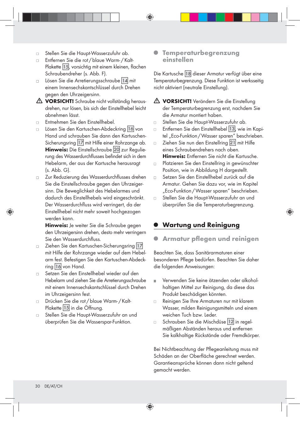 Temperaturbegrenzung einstellen, Wartung und reinigung armatur pﬂegen und reinigen | Miomare Z31166A User Manual | Page 30 / 34