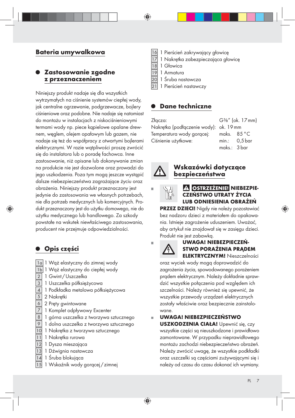 Opis części, Dane techniczne, Wskazówki dotyczące bezpieczeństwa | Miomare Z31166A User Manual | Page 7 / 34
