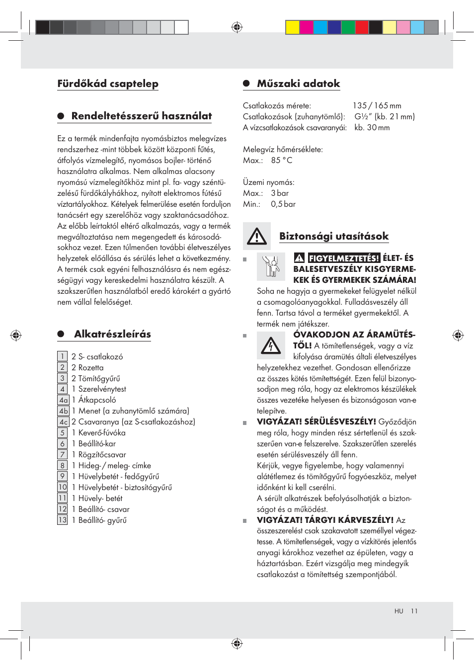 Fürdőkád csaptelep rendeltetésszerű használat, Alkatrészleírás, Műszaki adatok | Biztonsági utasítások | Miomare Z31166B User Manual | Page 11 / 33