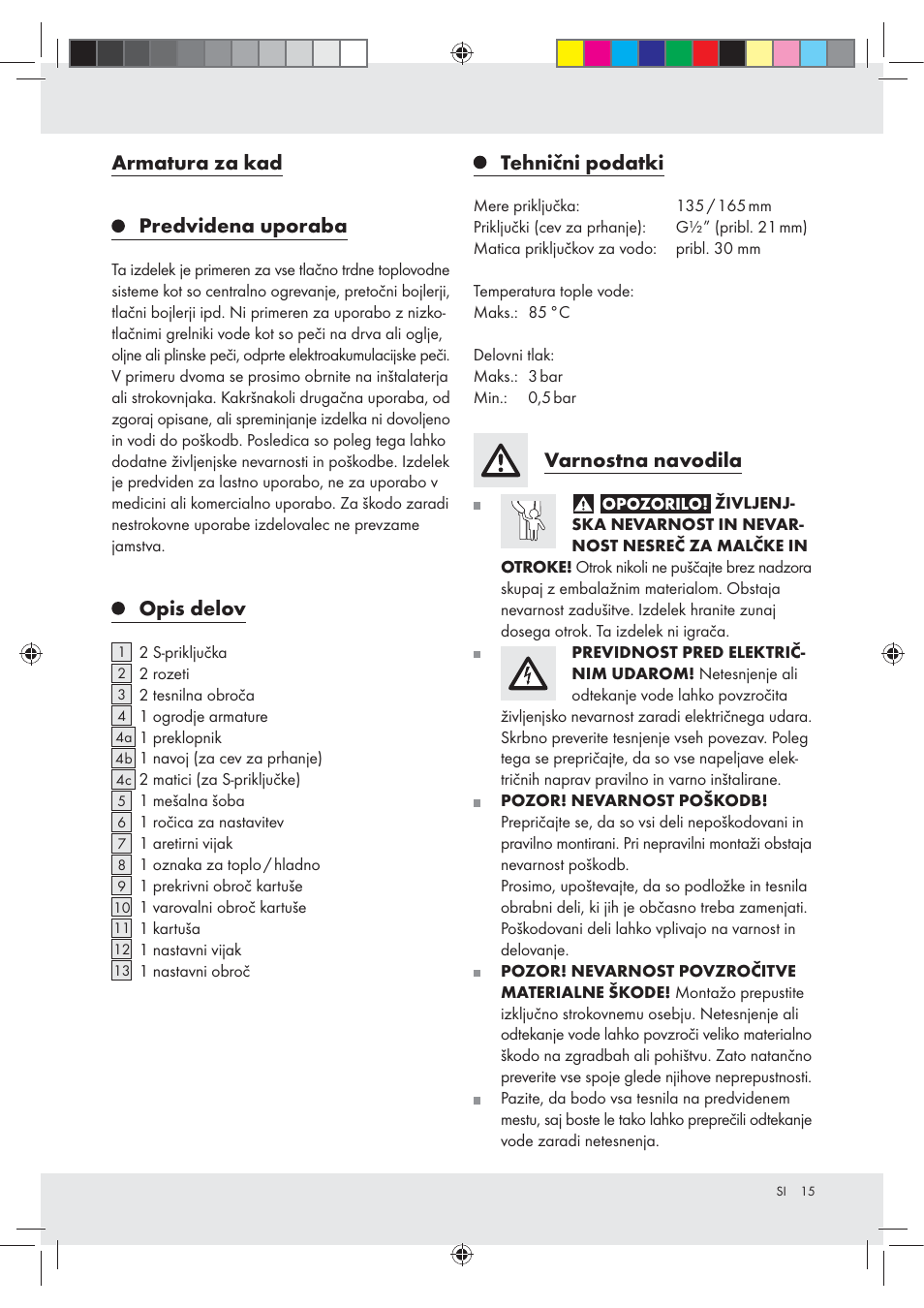 Armatura za kad predvidena uporaba, Opis delov, Tehnični podatki | Varnostna navodila | Miomare Z31166B User Manual | Page 15 / 33