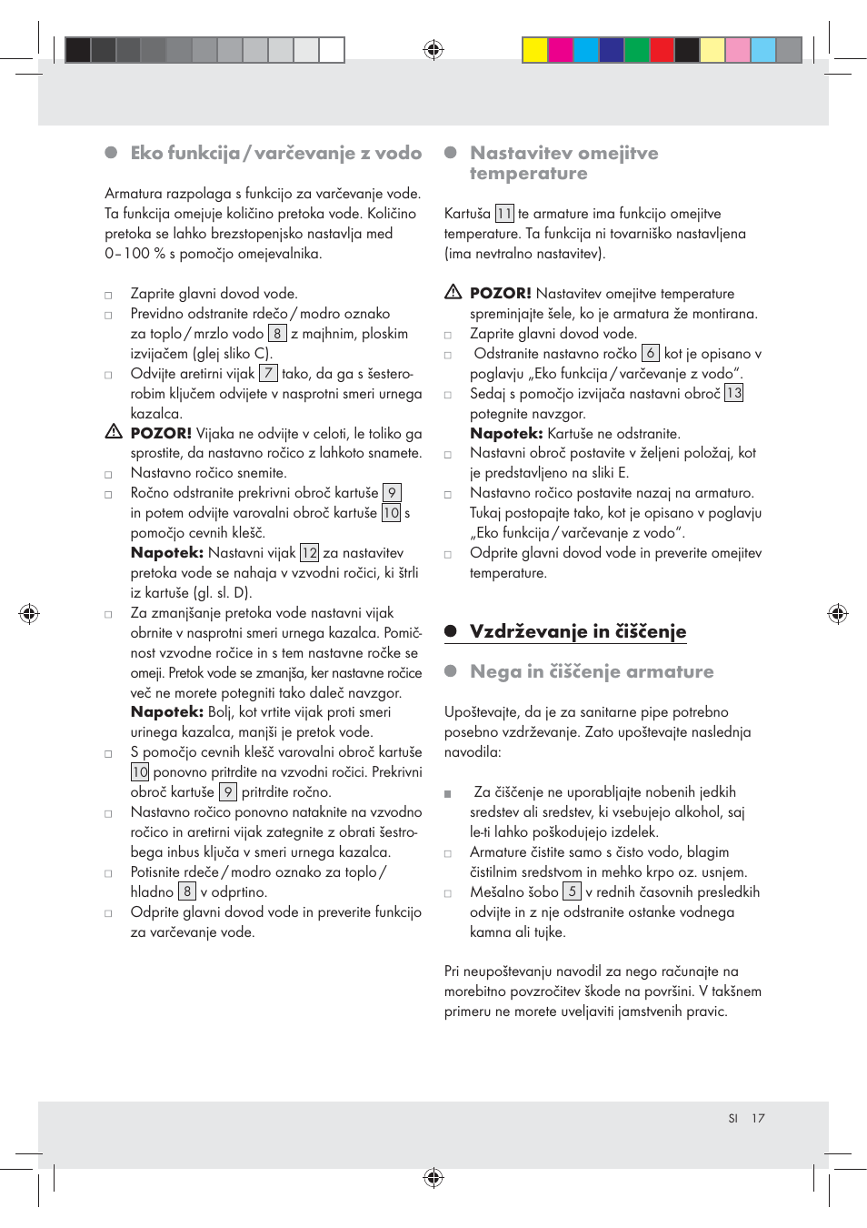 Eko funkcija / varčevanje z vodo, Nastavitev omejitve temperature, Vzdrževanje in čiščenje nega in čiščenje armature | Miomare Z31166B User Manual | Page 17 / 33