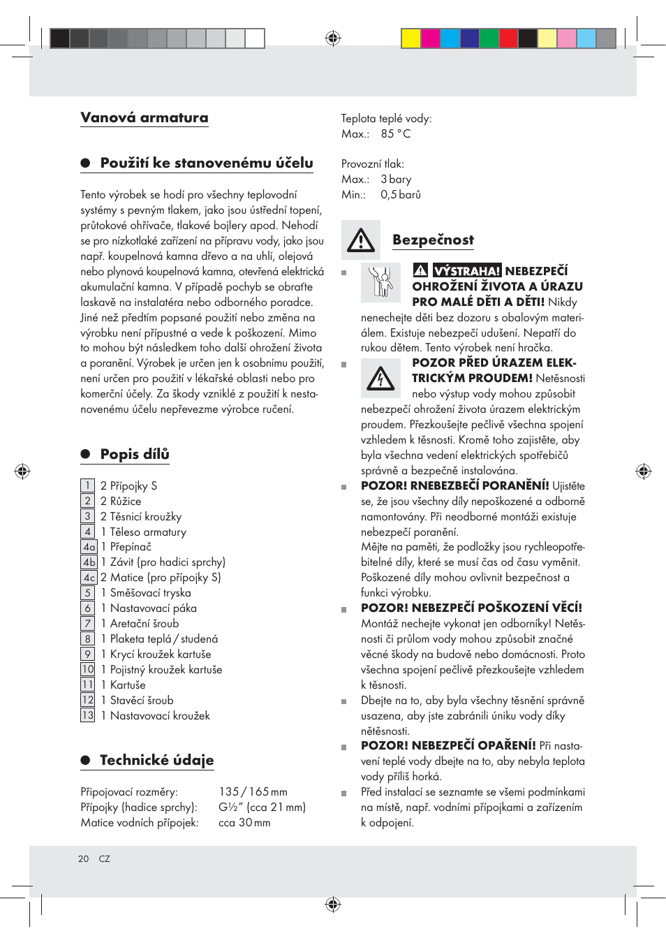 Vanová armatura použití ke stanovenému účelu, Popis dílů, Technické údaje | Bezpečnost | Miomare Z31166B User Manual | Page 20 / 33