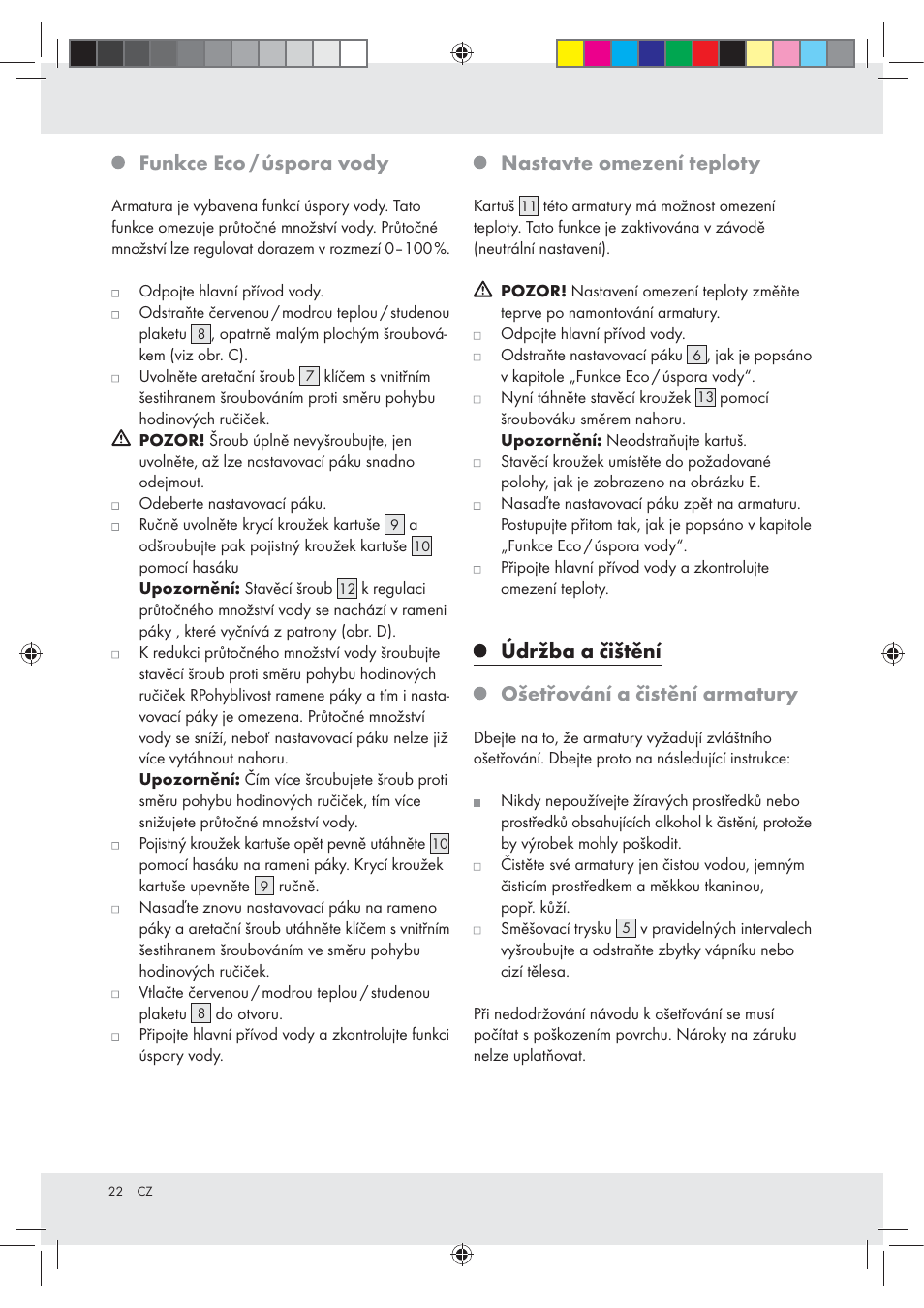 Funkce eco / úspora vody, Nastavte omezení teploty, Údržba a čištění ošetřování a čistění armatury | Miomare Z31166B User Manual | Page 22 / 33
