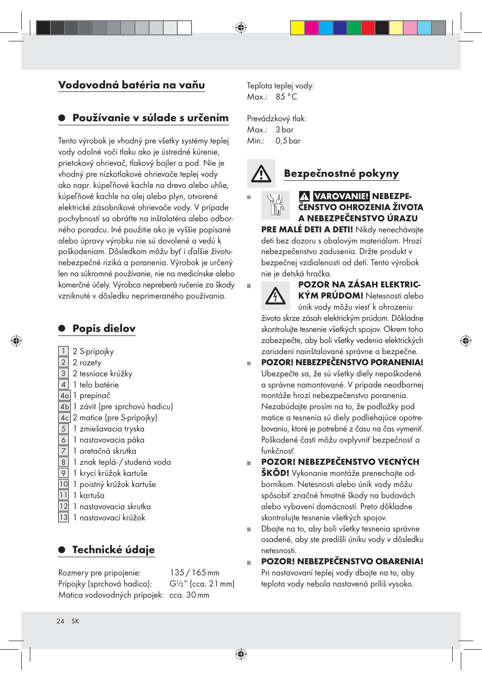 Popis dielov, Technické údaje, Bezpečnostné pokyny | Miomare Z31166B User Manual | Page 24 / 33