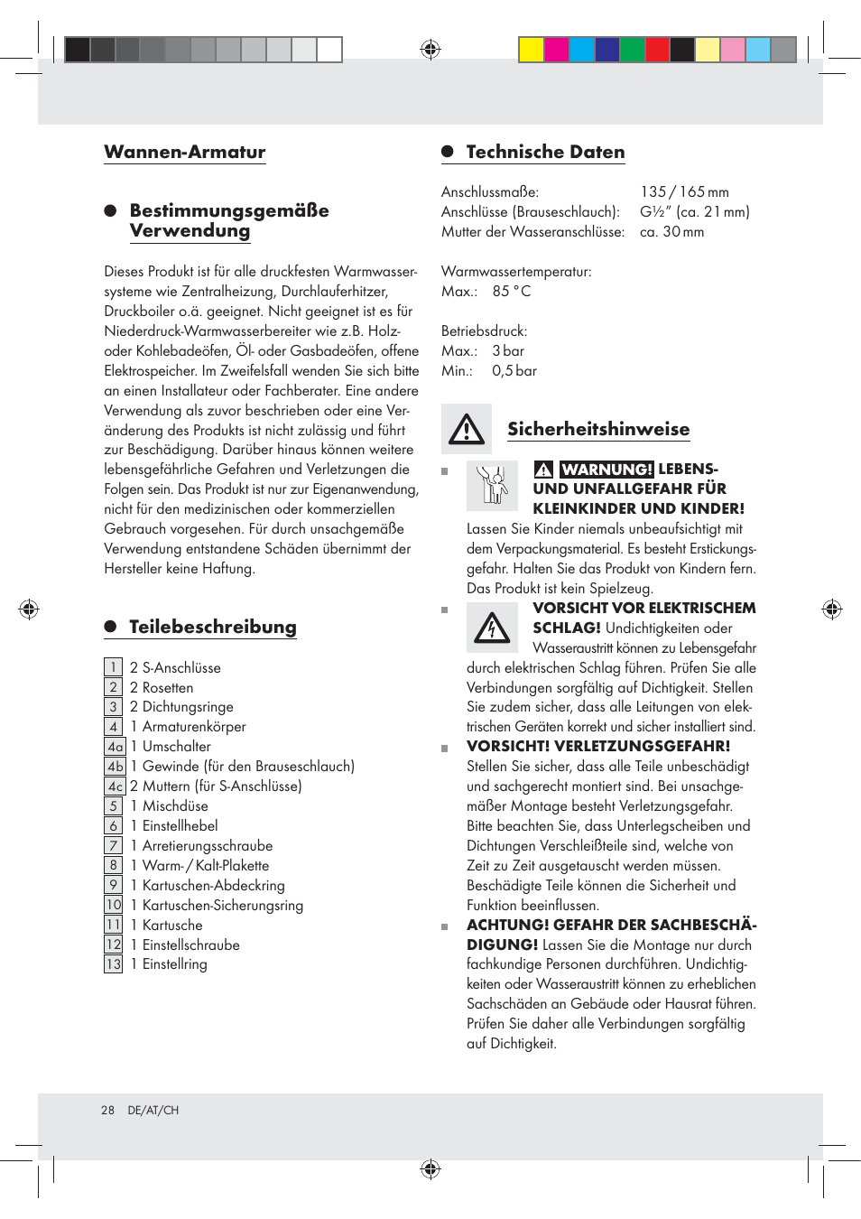 Wannen-armatur bestimmungsgemäße verwendung, Teilebeschreibung, Technische daten | Sicherheitshinweise | Miomare Z31166B User Manual | Page 28 / 33