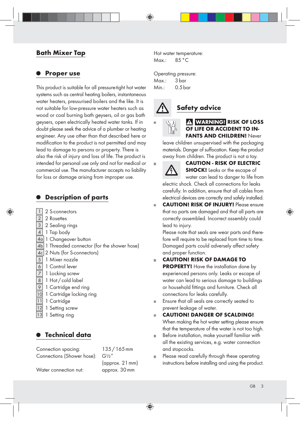 Bath mixer tap proper use, Description of parts, Technical data | Safety advice | Miomare Z31166B User Manual | Page 3 / 33
