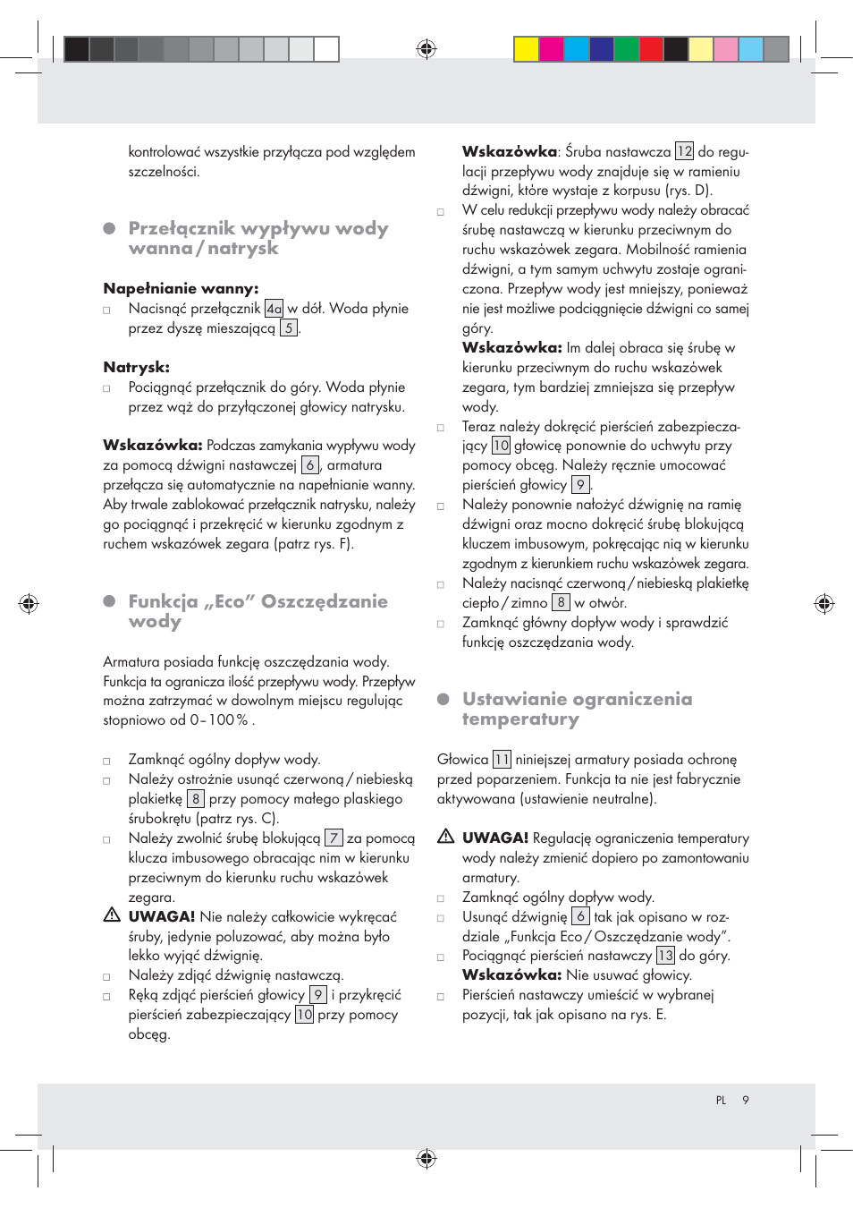 Przełącznik wypływu wody wanna / natrysk, Funkcja „eco” oszczędzanie wody, Ustawianie ograniczenia temperatury | Miomare Z31166B User Manual | Page 9 / 33