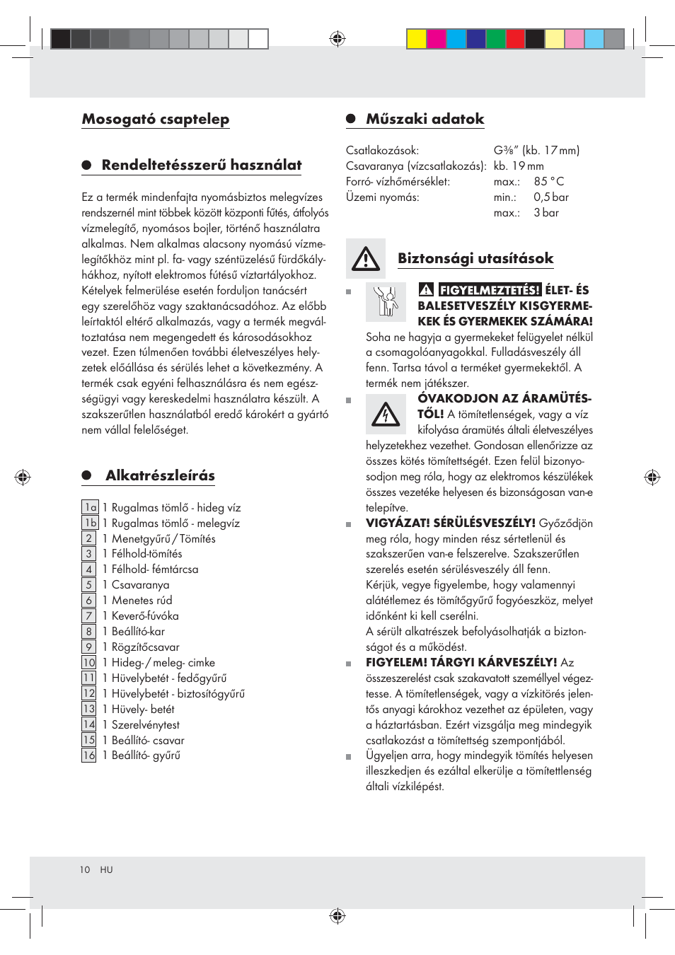 Mosogató csaptelep rendeltetésszerű használat, Alkatrészleírás, Műszaki adatok | Biztonsági utasítások | Miomare Z31166D User Manual | Page 10 / 31