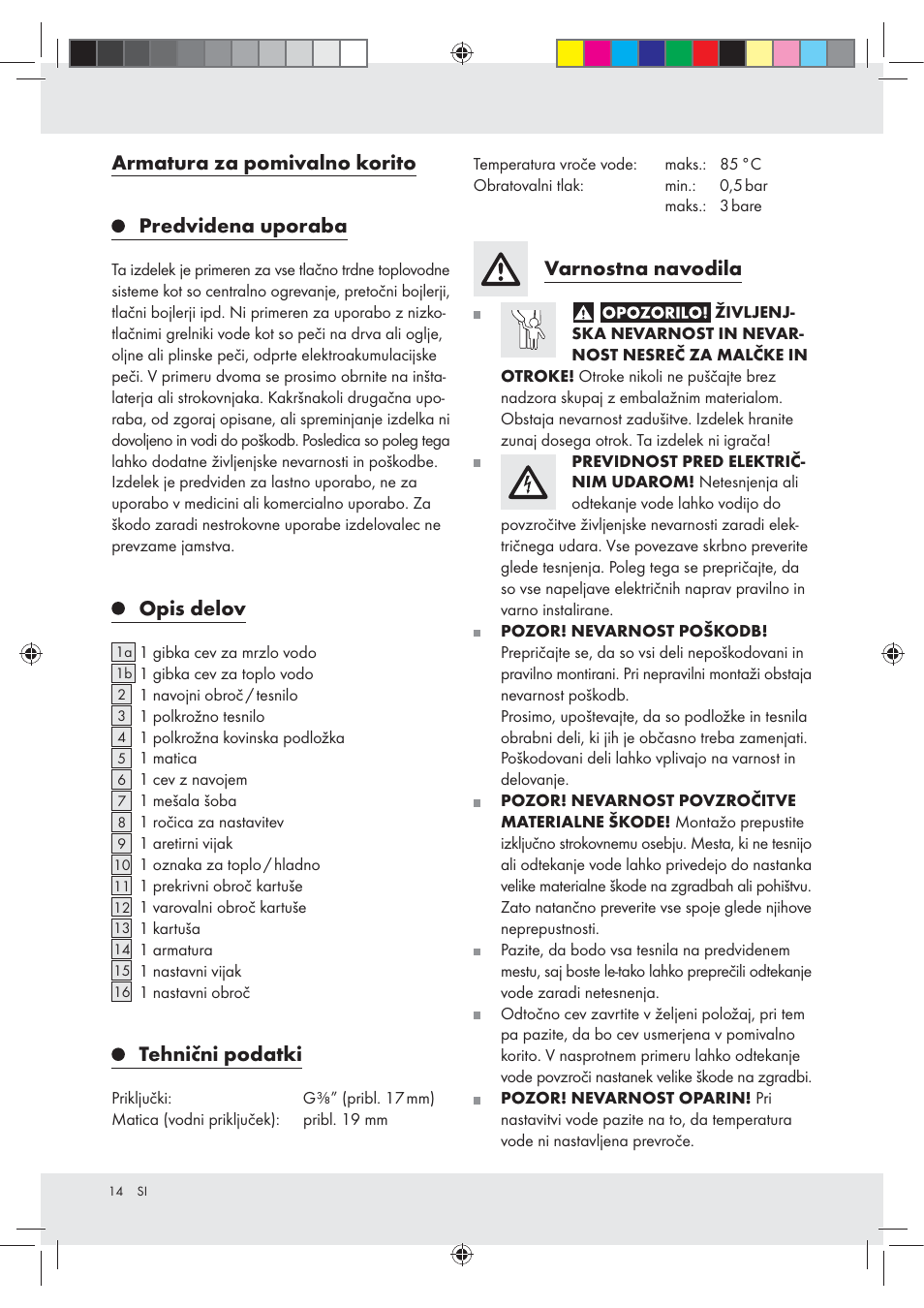 Armatura za pomivalno korito predvidena uporaba, Opis delov, Tehnični podatki | Varnostna navodila | Miomare Z31166D User Manual | Page 14 / 31