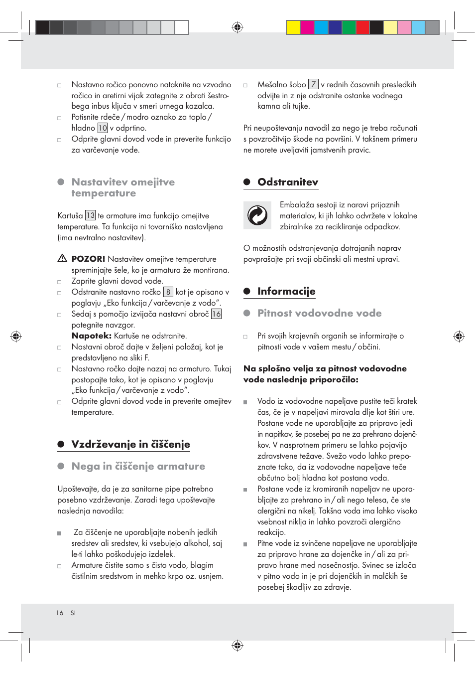 Nastavitev omejitve temperature, Vzdrževanje in čiščenje nega in čiščenje armature, Odstranitev | Informacije pitnost vodovodne vode | Miomare Z31166D User Manual | Page 16 / 31