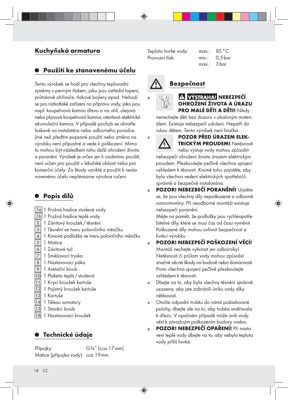 Kuchyňská armatura použití ke stanovenému účelu, Popis dílů, Technické údaje | Bezpečnost | Miomare Z31166D User Manual | Page 18 / 31