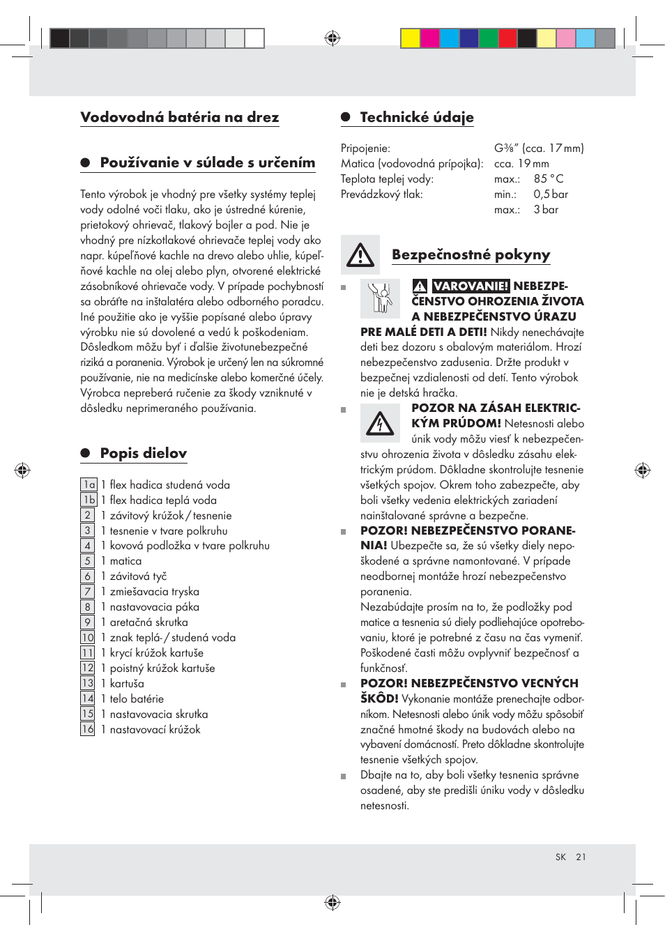 Popis dielov, Technické údaje, Bezpečnostné pokyny | Miomare Z31166D User Manual | Page 21 / 31