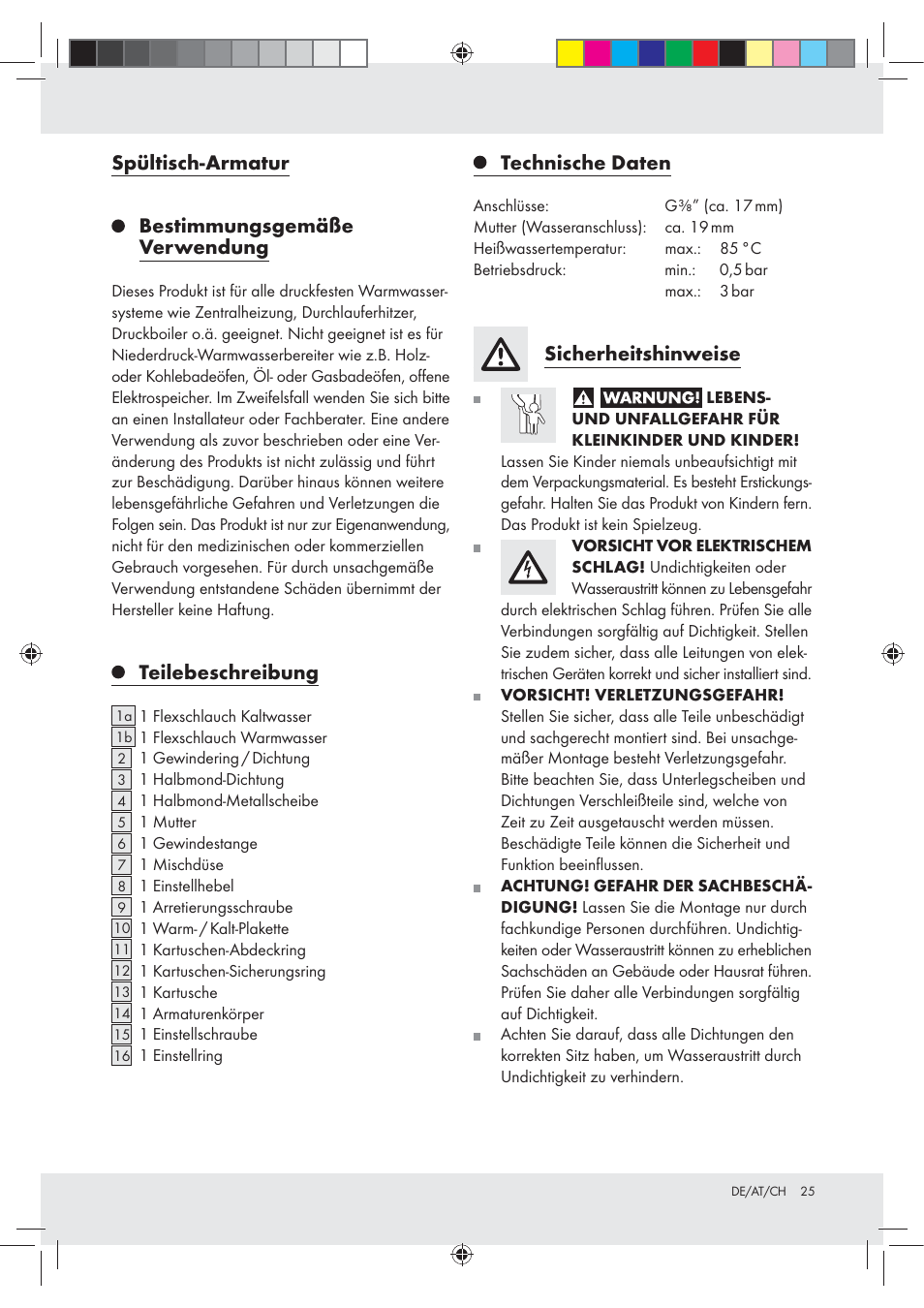 Spültisch-armatur bestimmungsgemäße verwendung, Teilebeschreibung, Technische daten | Sicherheitshinweise | Miomare Z31166D User Manual | Page 25 / 31