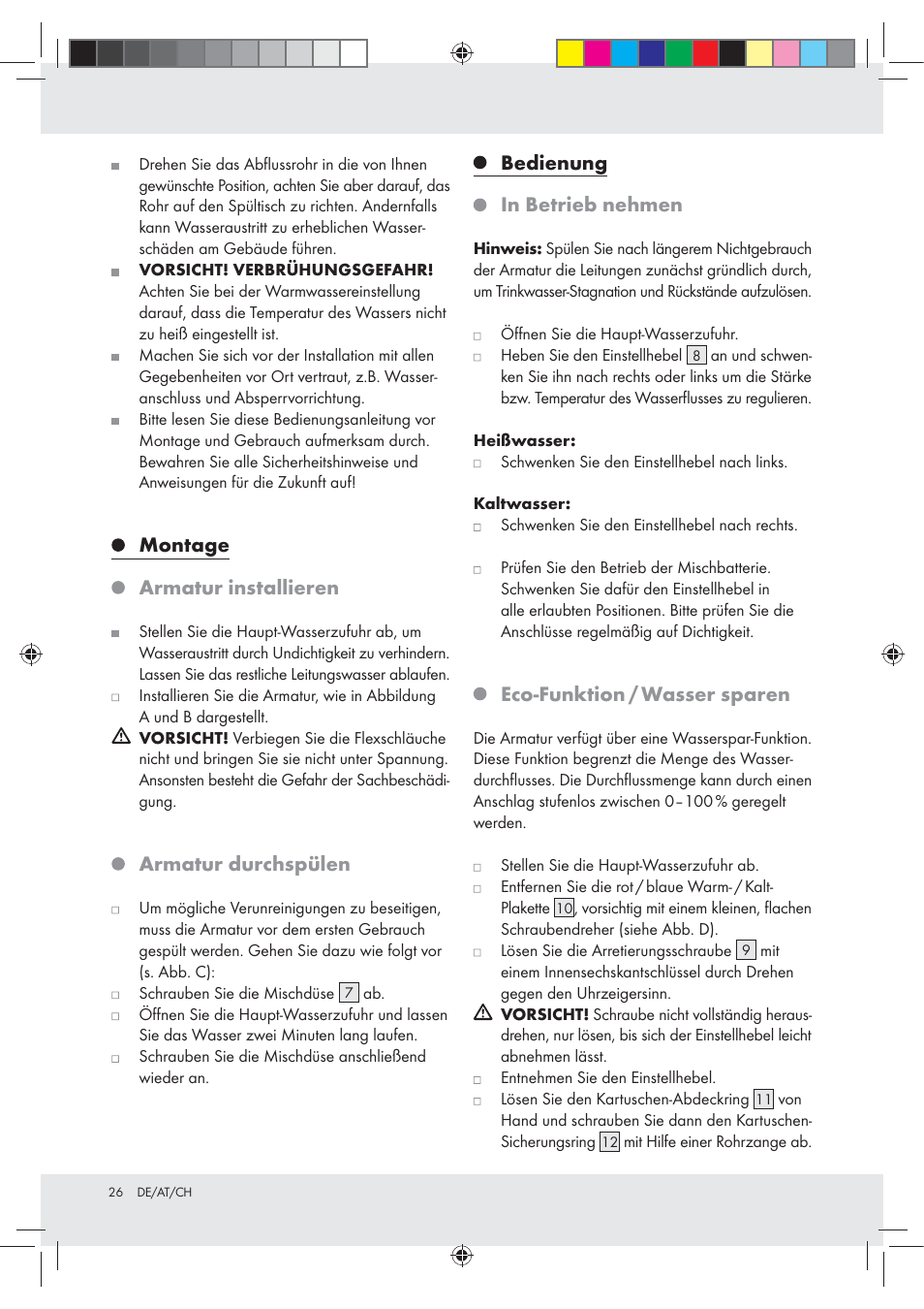 Montage armatur installieren, Armatur durchspülen, Bedienung in betrieb nehmen | Eco-funktion / wasser sparen | Miomare Z31166D User Manual | Page 26 / 31
