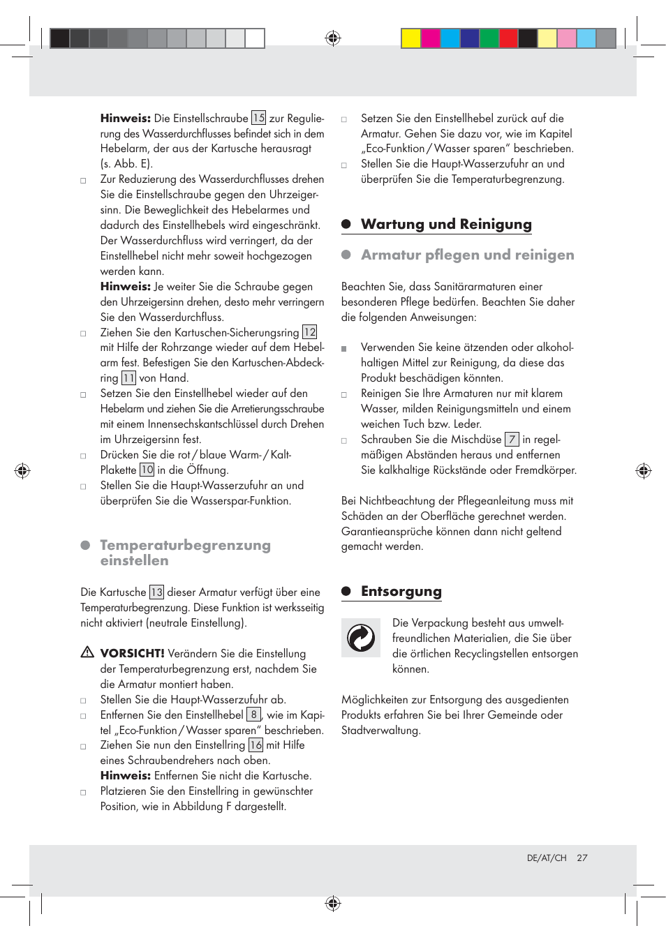 Temperaturbegrenzung einstellen, Wartung und reinigung armatur pﬂegen und reinigen, Entsorgung | Miomare Z31166D User Manual | Page 27 / 31