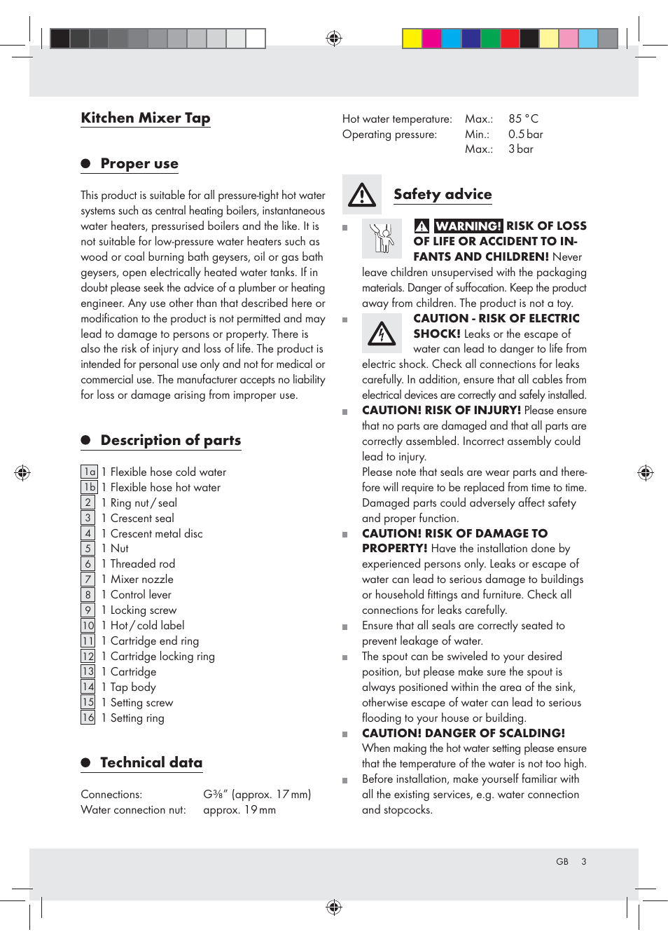 Kitchen mixer tap proper use, Description of parts, Technical data | Safety advice | Miomare Z31166D User Manual | Page 3 / 31