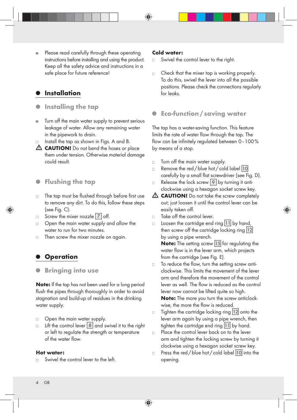 Installation installing the tap, Flushing the tap, Operation bringing into use | Eco-function / saving water | Miomare Z31166D User Manual | Page 4 / 31