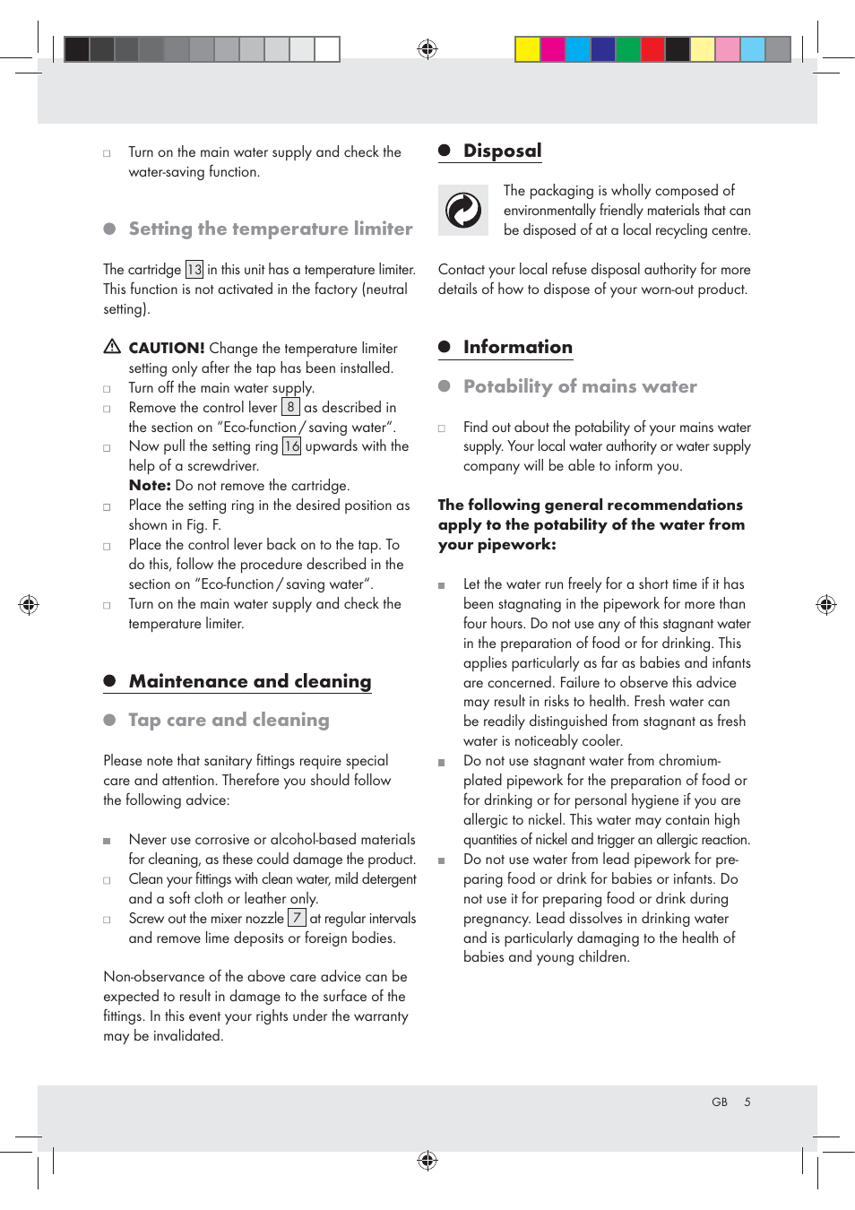 Setting the temperature limiter, Maintenance and cleaning tap care and cleaning, Disposal | Information potability of mains water | Miomare Z31166D User Manual | Page 5 / 31